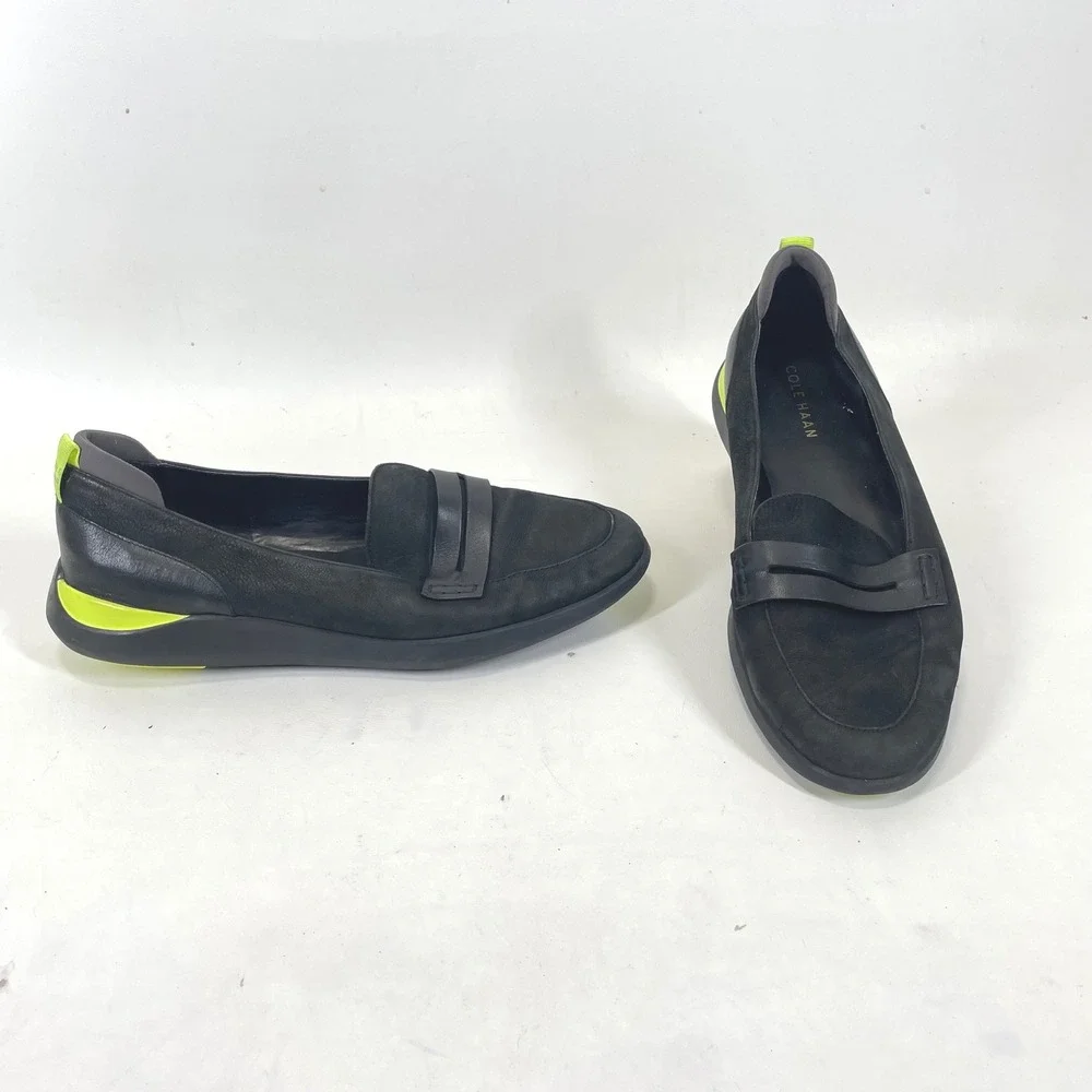 Cole Haan Grand W20962 Black Leather Suede Neon Yellow Penny Loafers Womens 9B
